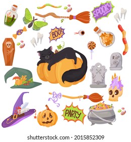 Black kitten. Candy, costumes, magical and creepy items. A large set of Elements for the celebration of Halloween. Vector illustration isolated on white background.