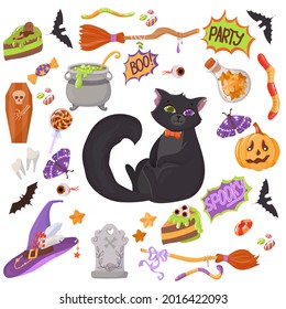 Black kitten. Candy, costumes, magical and creepy items. A large set of Elements for the celebration of Halloween. Vector illustration isolated on white background.