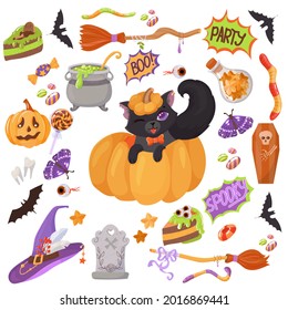 Black kitten. Candy, costumes, magical and creepy items. A large set of Elements for the celebration of Halloween. Vector illustration isolated on white background.