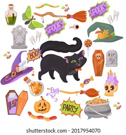 Black kitten. Candy, costumes, magical and creepy items. A large set of Elements for the celebration of Halloween. Vector illustration isolated on white background.