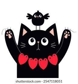 Black kitten cat face holding heart garland. Bird sitting on head. Pink paw print. Kawaii baby pet animal. Cute cartoon character. Greeting card, sticker print. Flat design. White background. Vector