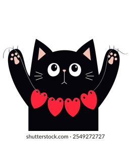 Black kitten cat face holding heart garland. Pink paw print. Kawaii baby pet animal. Cute cartoon character. Greeting card, sticker print. Flat design. White background. Isolated. Vector illustration