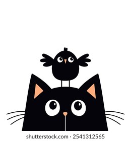 Black kitten cat head face looking at funny bird sitting on head. Kawaii baby pet animal. Cute cartoon character. Notebook cover, greeting card, sticker print. Flat design. White background. Vector