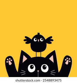 Black kitten cat head face looking at funny bird sitting on head. Pink paw print. Kawaii baby pet animal. Cute cartoon character. Greeting card, sticker print. Flat design. Yellow background. Vector