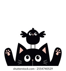 Black kitten cat head face looking at funny bird sitting on head. Pink paw print. Kawaii baby pet animal. Cute cartoon character. Greeting card, sticker print. Flat design. White background. Vector