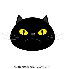 Black kitten cat head face with yellow eyes, moustaches, nose, ears. Cute cartoon funny character. Kawaii animal. Paw, tail. Love animals. Flat design. White background Isolated. Vector illustration