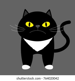 Black kitten cat with yellow eyes. Cute cartoon funny character. Kawaii animal. Face with moustaches, nose, ears, tail. White paw. Love animals. Flat design. Gray background. Vector illustration