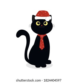 black kitten in a Christmas costume hat and tie, isolated color vector illustration on a white background in flat style, banner, poster, clipart, decoration
