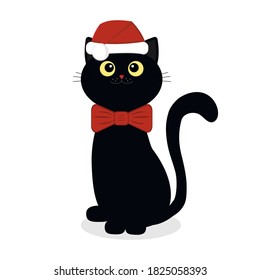 black kitten in Christmas costume Santa Claus hat and butterfly, isolated color vector illustration on white background in flat style, banner, poster, clipart, decoration