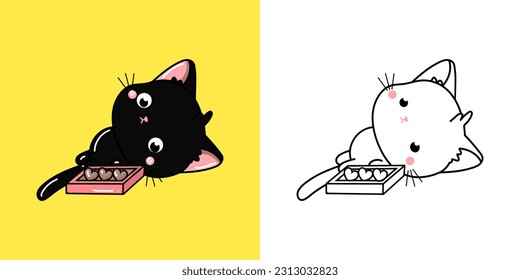 Black Kitten Clipart and Black and White Art. Beautiful Cat Illustration. Vector Illustration of a Kawaii Animal for Prints for Clothes, Stickers, Baby Shower, Coloring Pages.
