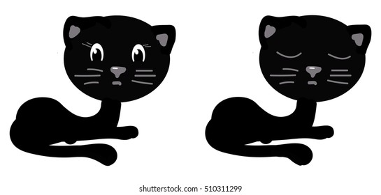 Black kitten with eyes open and closed. Can be used as the label image on a t-shirt, the picture on the cup, to decorate clothing. Nice black cat. Vector illustration. Black cat isolated.