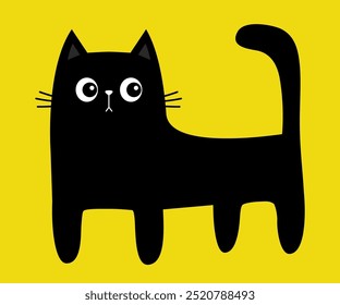 Cabeza negra de la cara del gatito con los ojos grandes. Gato de pie. Caricatura linda kawaii divertido bebé mascota personaje. Tarjeta de felicitación Camiseta Pegatina impresión. Plantilla de Anuncio. Diseño plano Fondo amarillo Ilustración vectorial