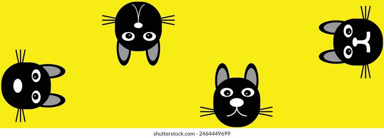 Black kitten face head. Cat set line banner. Hanging upside down. Funny Cute kawaii cartoon baby character. Notebook sticker print template. Happy Halloween. Yellow background. Vector. Eps10.