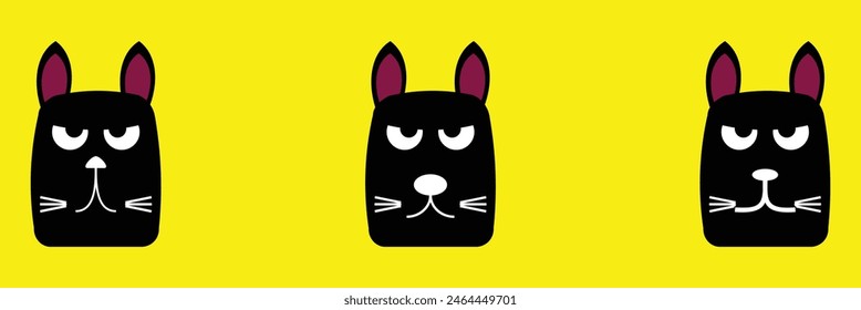 Black kitten face head. Cat set line banner. Hanging upside down. Funny Cute kawaii cartoon baby character. Notebook sticker print template. Happy Halloween. Yellow background. Vector. Eps10.