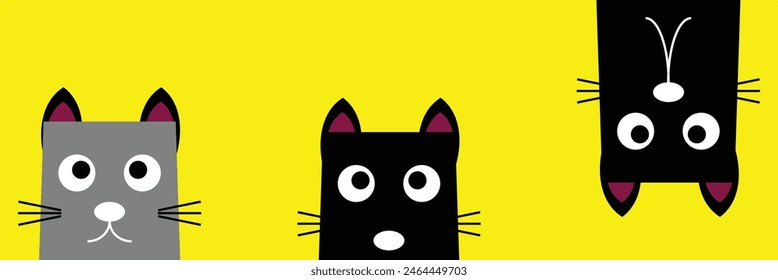 Black kitten face head. Cat set line banner. Hanging upside down. Funny Cute kawaii cartoon baby character. Notebook sticker print template. Happy Halloween. Yellow background. Vector. Eps10.