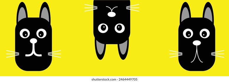 Black kitten face head. Cat set line banner. Hanging upside down. Funny Cute kawaii cartoon baby character. Notebook sticker print template. Happy Halloween. Yellow background. Vector. Eps10.