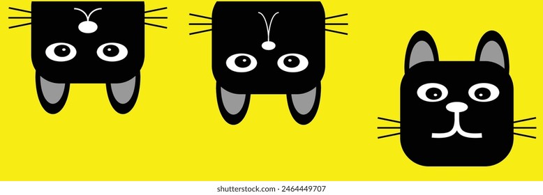 Black kitten face head. Cat set line banner. Hanging upside down. Funny Cute kawaii cartoon baby character. Notebook sticker print template. Happy Halloween. Yellow background. Vector. Eps10.