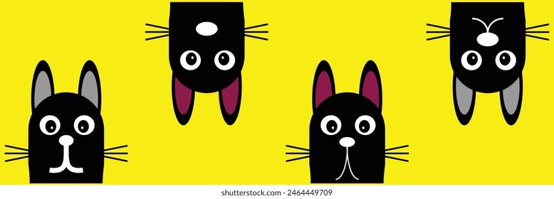 Black kitten face head. Cat set line banner. Hanging upside down. Funny Cute kawaii cartoon baby character. Notebook sticker print template. Happy Halloween. Yellow background. Vector. Eps10.