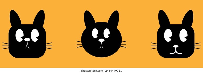 Black kitten face head. Cat set line banner. Hanging upside down. Funny Cute kawaii cartoon baby character. Notebook sticker print template. Happy Halloween. Yellow background. Vector. Eps10.