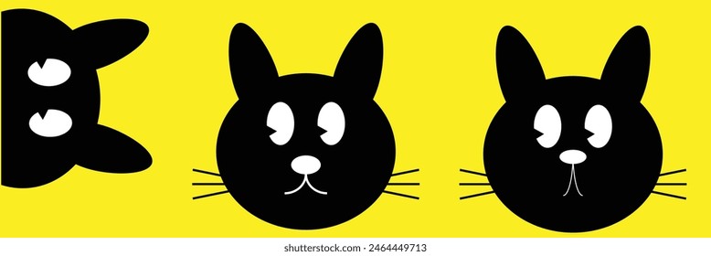 Black kitten face head. Cat set line banner. Hanging upside down. Funny Cute kawaii cartoon baby character. Notebook sticker print template. Happy Halloween. Yellow background. Vector. Eps10.