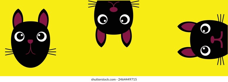 Black kitten face head. Cat set line banner. Hanging upside down. Funny Cute kawaii cartoon baby character. Notebook sticker print template. Happy Halloween. Yellow background. Vector. Eps10.