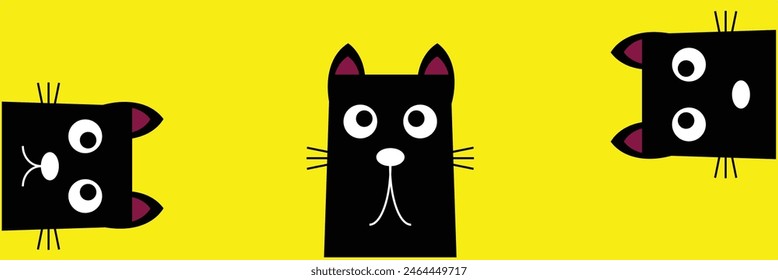 Black kitten face head. Cat set line banner. Hanging upside down. Funny Cute kawaii cartoon baby character. Notebook sticker print template. Happy Halloween. Yellow background. Vector. Eps10.