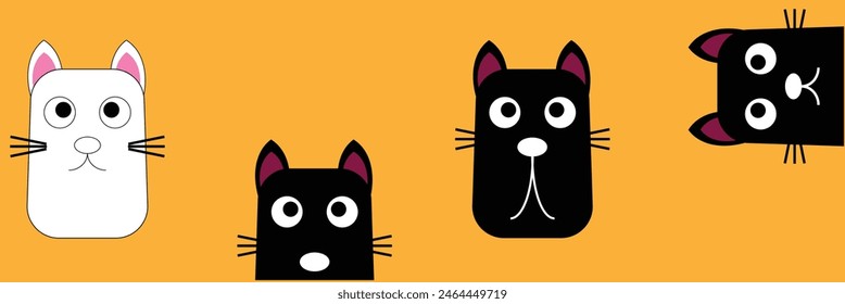 Black kitten face head. Cat set line banner. Hanging upside down. Funny Cute kawaii cartoon baby character. Notebook sticker print template. Happy Halloween. Yellow background. Vector. Eps10.