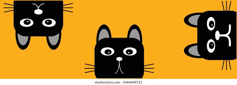 Black kitten face head. Cat set line banner. Hanging upside down. Funny Cute kawaii cartoon baby character. Notebook sticker print template. Happy Halloween. Yellow background. Vector. Eps10.