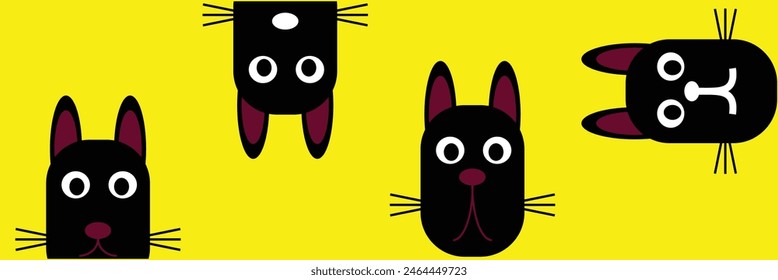 Black kitten face head. Cat set line banner. Hanging upside down. Funny Cute kawaii cartoon baby character. Notebook sticker print template. Happy Halloween. Yellow background. Vector. Eps10.