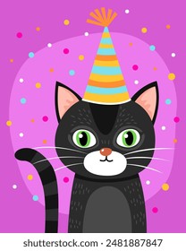 Сute black kitten in a festive cap. Cat with big green eyes. Purple background, multicolored confetti. Birthday card. Cute cartoon illustration.