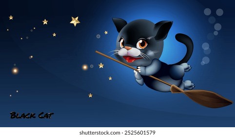 Black kitten flying on a broomstick. Charming pet, symbol of everything mystical. Vector illustration