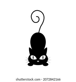 The black kitten is getting ready to jump. Cute cartoon character. Notebook cover, T-shirt, greeting card print. Flat design. White background. Vector