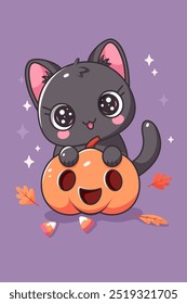 black kitten holding pumpkin, halloween vector illustration in kawaii style