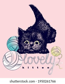 Black kitten hunts on tangle yarn. Hand drawn vector illustration