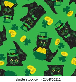 Black kitten  in leprechaun hat seamless pattern. St. Patrick's Day hand drawn vector illustration.