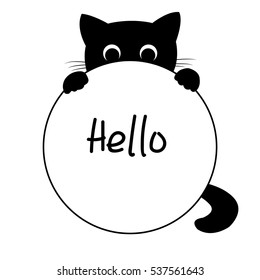 Black kitten looking out from behind a frame for your text, vector illustration