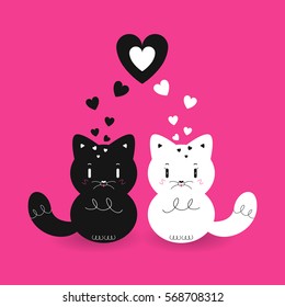Black kitten is in love with white one. Vector illustration.