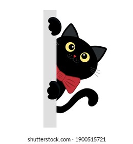 Gatito negro asomando a la vuelta de la esquina, color aislado de la ilustración infantil vector en estilo plano, decoración, icono, pegatina, decoración