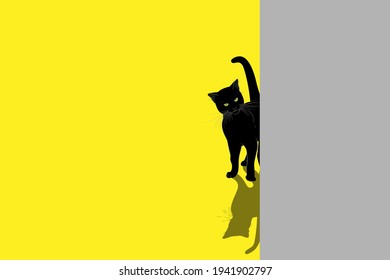 A black kitten peeks out from behind a gray wall. Contrasting silhouette of a cat with a shadow on a yellow background. Vector illustration with space for text.