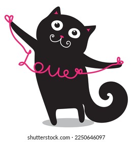 Black kitten with the phrase Love in his hands. Cute black cat. Valentine's Day greeting card. Love and friendship