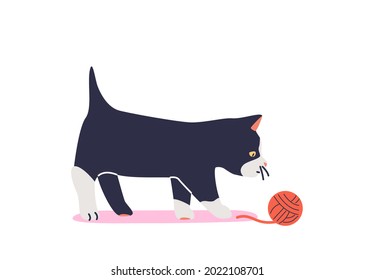 Black kitten play with ball of thread isolated on white background. Cute pet small cat joyful playing alone. Cartoon flat vector illustration