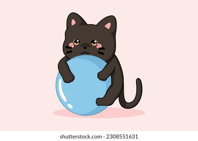 Black kitten playing with blue ball and it looks so much fun.