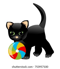 Black kitten playing with colorful ball. Little playful cat cartoon isolated on white background. Child illustration Vector EPS 10