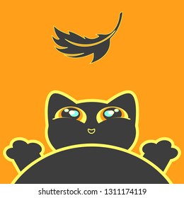Black kitten playing with feather. Orange background