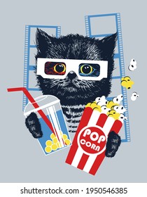 Gatito negro con palomitas de maíz y té en gafas 3d. Ilustración vectorial.