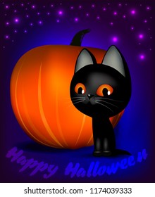 Black kitten with pumpkin