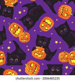 Black kitten with pumpkins seamless pattern. Halloween vector illustration.