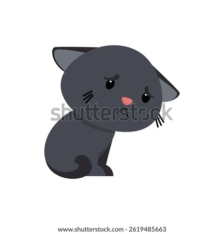 Сute black kitten with a sad expression on face.
Kitten sits with its tail tucked and slouches.
Emotion concept of sadness, loneliness or resentment.
Cartoon character illustration