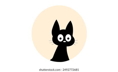 Black kitten sits and looks at the camera against the backdrop of the full moon, cartoon black mustachioed cat on white background