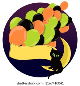 Black kitten sitting on the half-moon in the night with many air balloons and space for text